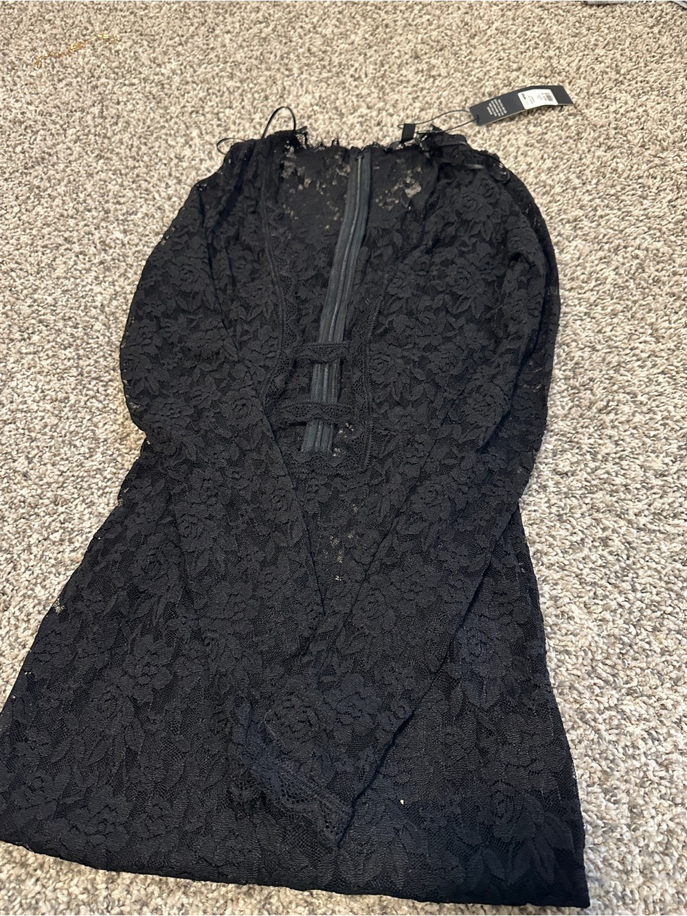 Fashion Nova Black Sheer Lace Long-Sleeve Jumpsuit - Picture 2 of 3